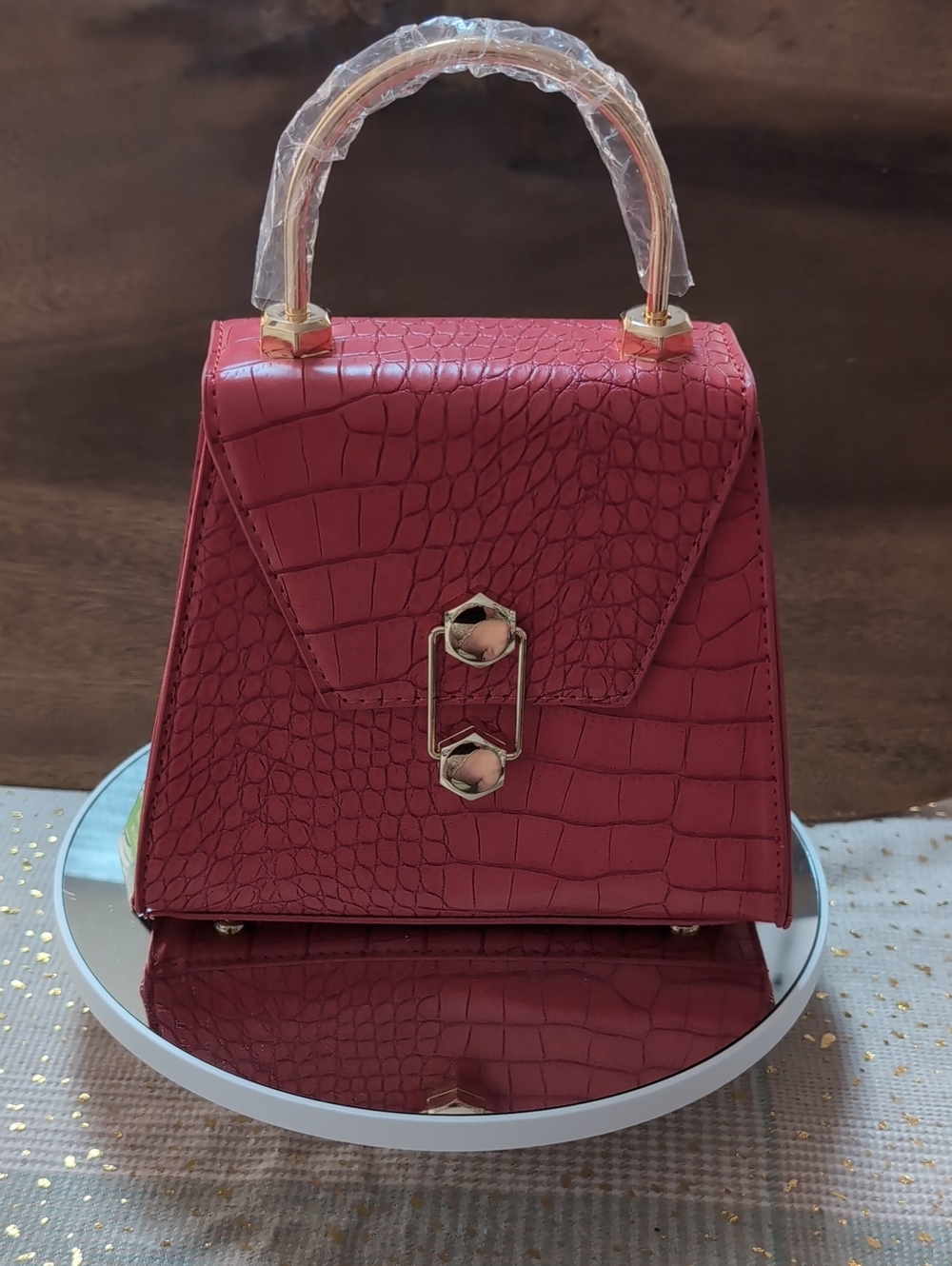 Badgley Mischka Red Croc-Embossed Mini Top-Handle Bag with Gold Hardware